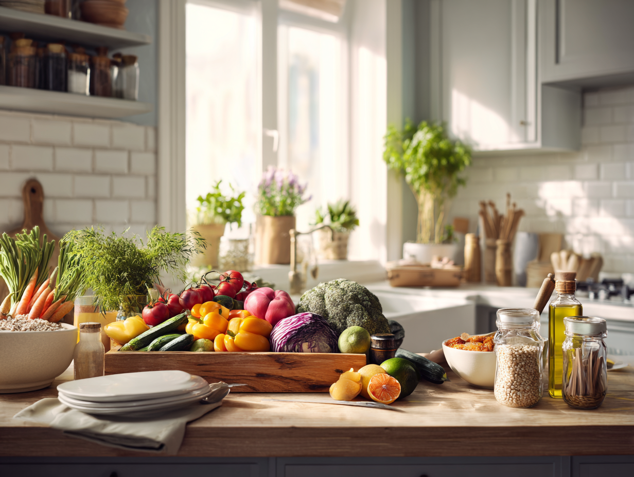 Chef pregătind o masă echilibrată cu ingrediente proaspete